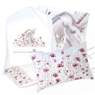 JUEGO DE CAMA FUNDA DE PLUMÓN + SABANA BAJERA +2 FUNDAS ALMOHADA UNICORNIO 1,5 PLAZAS