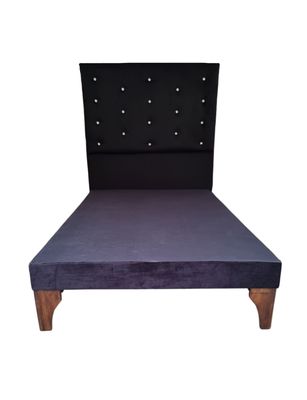 Base Cama Europea 1.5 plazas + Respaldo a Piso Negro Felpa Botón Diamante