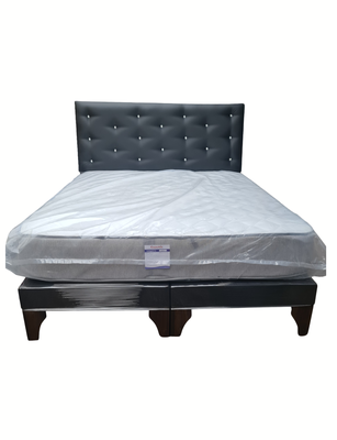 Cama Europea 2Plazas Negro Eco Cuero Botón Diamante