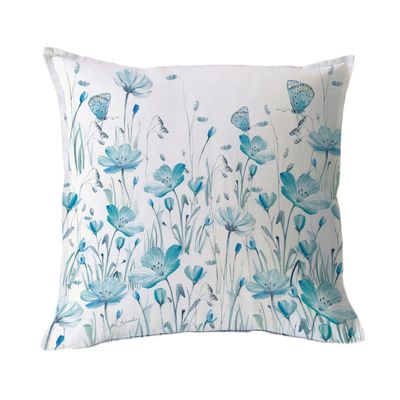 FUNDA COJÍN ALGODÓN  FLORCITAS Y MARIPOSAS TURQUESA 45X45