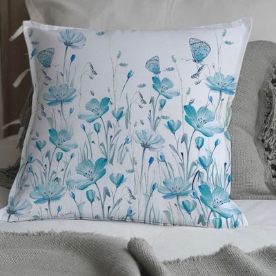 Imagen 2 del producto FUNDA COJÍN ALGODÓN  FLORCITAS Y MARIPOSAS TURQUESA 45X45