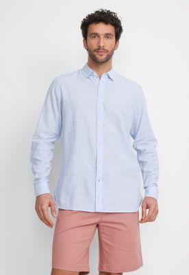 Camisa Rayada Lino Algodón Bruno Celeste