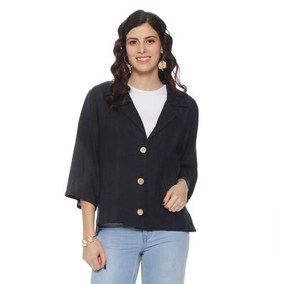 Chaqueta Lino Manga Corta Escote V Abotonada En Delantero