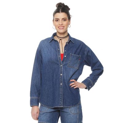 Blusa Denim Manga Larga Abotonada En Delantero  Con Bolsillo