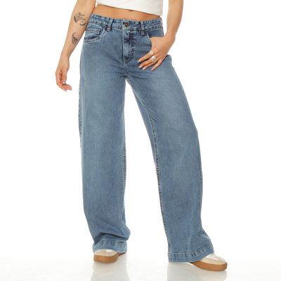 Jeans Wide Leg Tiro Alto Pretina Basica 1 Boton