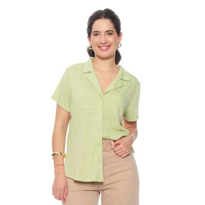 Blusa Manga Corta Solida Escote V Abotonada En Delantero