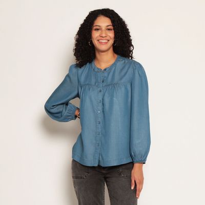 Blusa Manga Larga Lyocell Escote Redondo Abotonda En Delantero