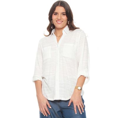 Blusa Manga Larga Solido Escote V Abotonada En Delantero