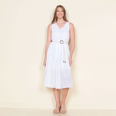 Vestido Sin Manga Solido Escote Redondo Con Lazo En Cintura