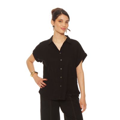 Blusa Manga Corta Abotonada En Delantero Y Bolsillo