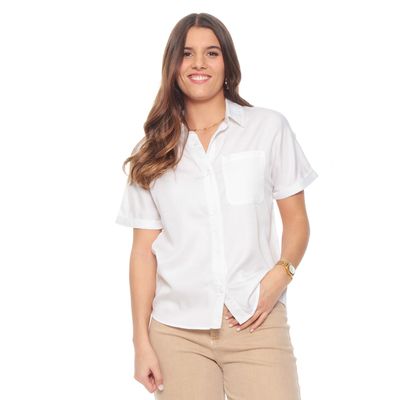 Blusa Manga Corta Lyocell Abotonada En Delantero Y Bolsillo