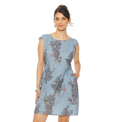 Vestido Manga Corta Lino Estampado  Escote Redondo