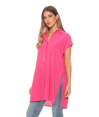 Blusa Sin Manga Solida Cuello Camisero Aberturas En Costado