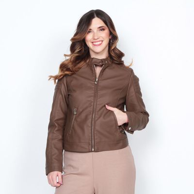 Chaqueta Manga Larga Cuero Ecologico Cuello Mao Y Cierres