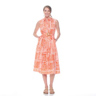 Vestido Sin Manga  Estampado Con Cinturon Abotonado En Delantero