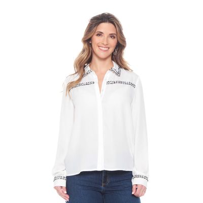 Blusa Manga Larga Solida Con Aplicacion En Delantero Y Punos