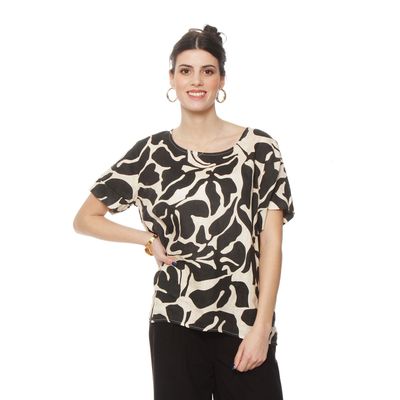 Blusa Manga Corta Lino Estampado Escote Redondo