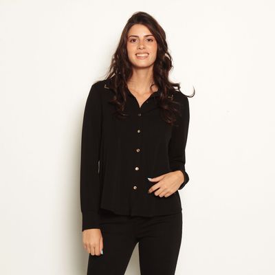 Blusa Manga Larga Abotonada En Delantero Y Aplicacion En Punta Cuello