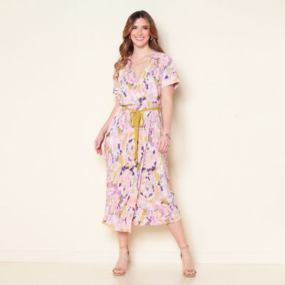 Vestido Plisado Manga Corta Estampado Escote V Con Lazo En Cintura