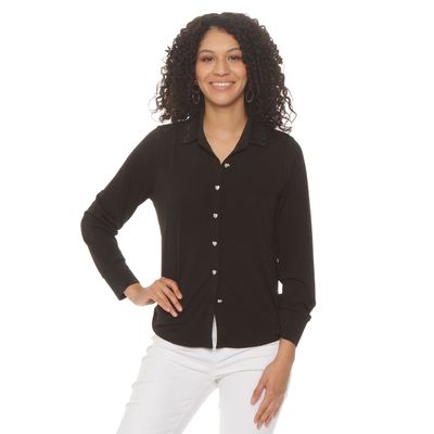 Blusa Manga Larga Abotonada En Delantero Con Aplicacion En Cuello