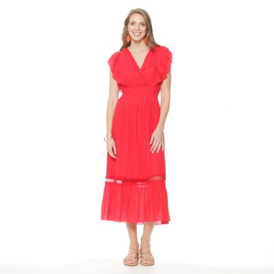 Vestido Manga Corta Escote V  Elasticado En Cintura