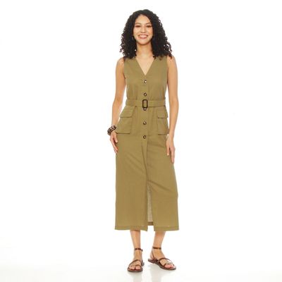 Vestido Sin Manga Escote V Con  Lazo En Cintura Y Bolsillos