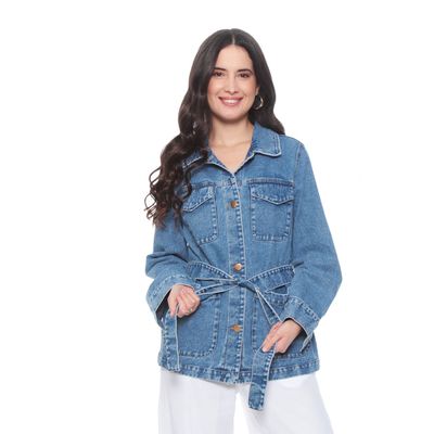 Chaqueta Manga Larga Denim Abotonada En Delantero Con Lazo En Cintura