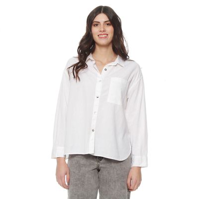 Blusa Manga Larga Lino Solido Abotonada En Delantero Y Bolsillo