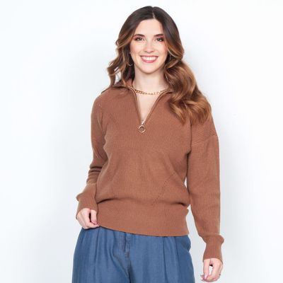 Sweater Manga Larga Solido Con Cuello Alto Y Cierre En Delantero