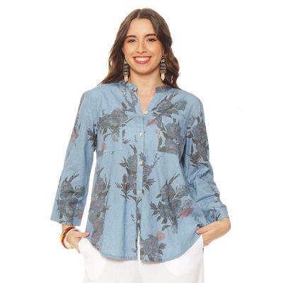 Blusa Manga Larga Lino Estampado Abotonada  En Delantero Con Bolsillo