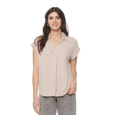 Polera Manga Corta Listada  Escote V Con Ojetillo