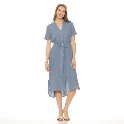 Vestido Camisero Lino Manga Corta Abotonado En Delantero