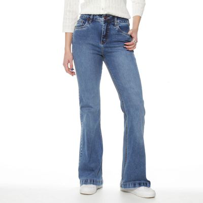 Jeans Flare Tiro  Alto Pretina Basica 1 Boton
