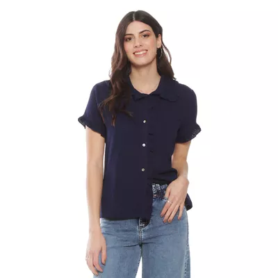 Blusa Manga Corta Abotonada En Delantero Con Bolsillo