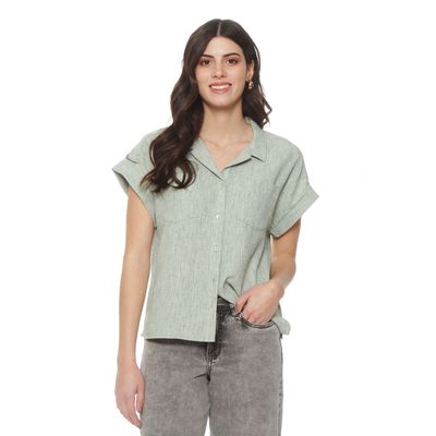 Blusa Manga Corta Abotonada En Delantero Y Bolsillos