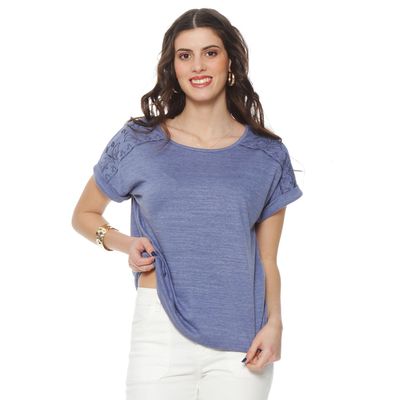 Polera Manga Corta Solida Escote Redondo Con Aplicacion En Hombro