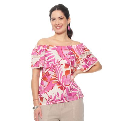 Blusa Manga Corta Estampada Escote Redondo  Elasticado