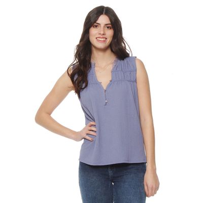 Blusa Sin Manga  Solido Escote Con Botones