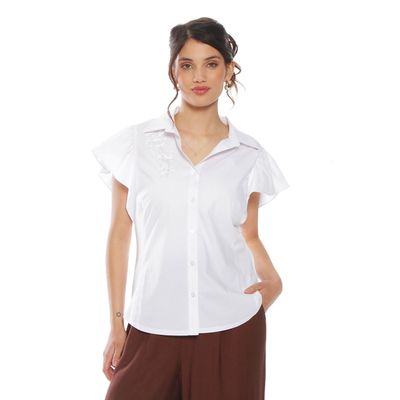 Blusa Manga Corta Con  Bordado  Y Abotonado En Delantero