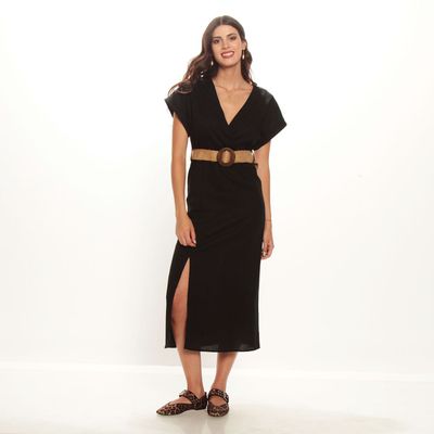 Vestido Manga Corta Escote V Con Cinturon