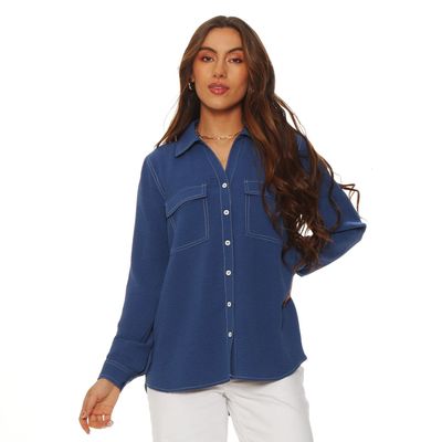 Blusa Manga Larga Abotonada En Delantero Con Bolsillos Delantero