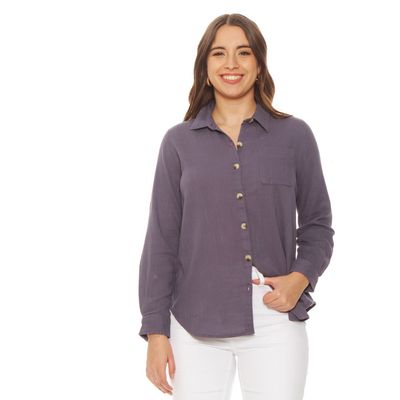 Blusa Manga Larga Solida Abotonada En El Delantero Con Bolsillo