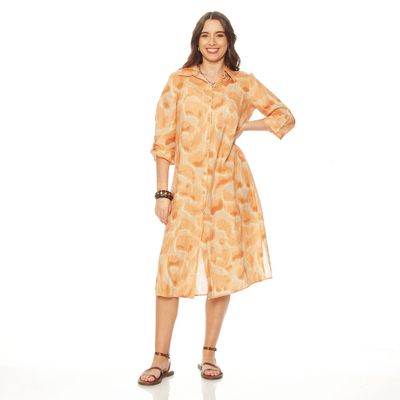 Vestido Manga Larga Lino Estampado Abotonado  En Delantero