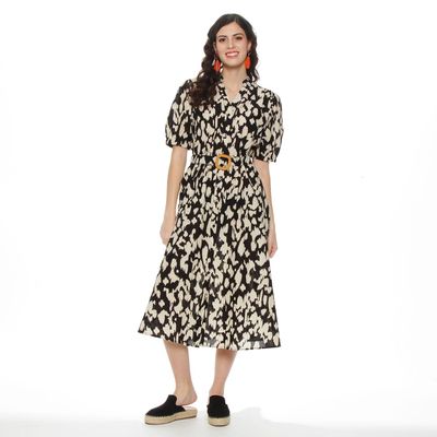 Vestido Manga Corta Estampado  Abotonado En Delantero Con Cinturon