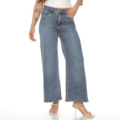 Jeans Crop Wide Leg Tiro Alto Pretina Basica 1 Boton