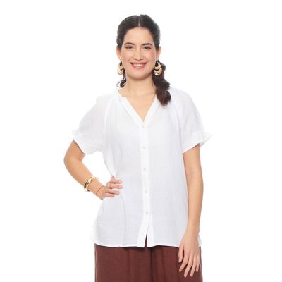 Blusa Manga Corta Solido Escote V Con Recogido En Manga