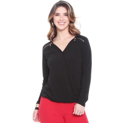 Blusa Manga Larga Escote Cruzado Con Cierre En Hombros