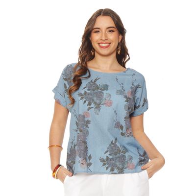 Blusa Manga Corta  Lino Estampado Escote Redondo