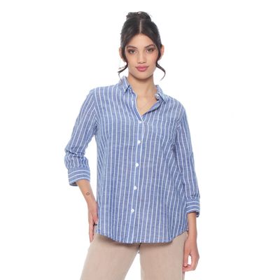 Blusa Manga  Larga Listada Abotonada En Delantero