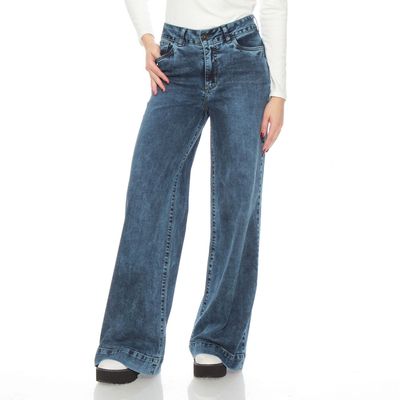 Jeans Wide Leg Tiro Alto Pretina Basica 1 Boton Push Up